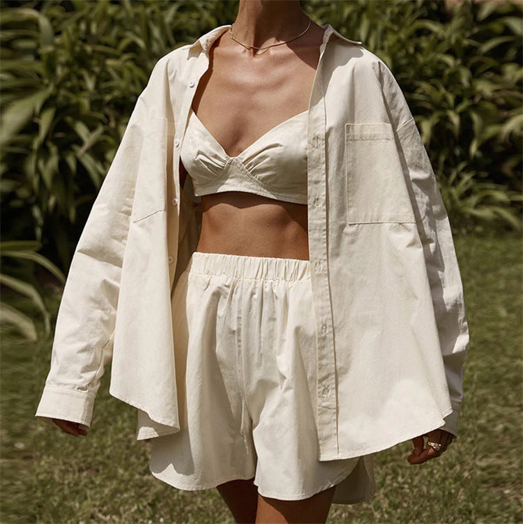 Damen nan Oversized Leinen-Hemd mit elastischem Bund Shorts Set Drune