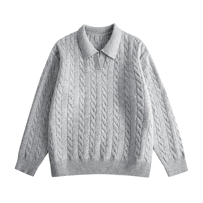 Damen Oversize Kabelstrick-Polo-Pullover mit V‑Ausschnitt und geripptem Saum Drune