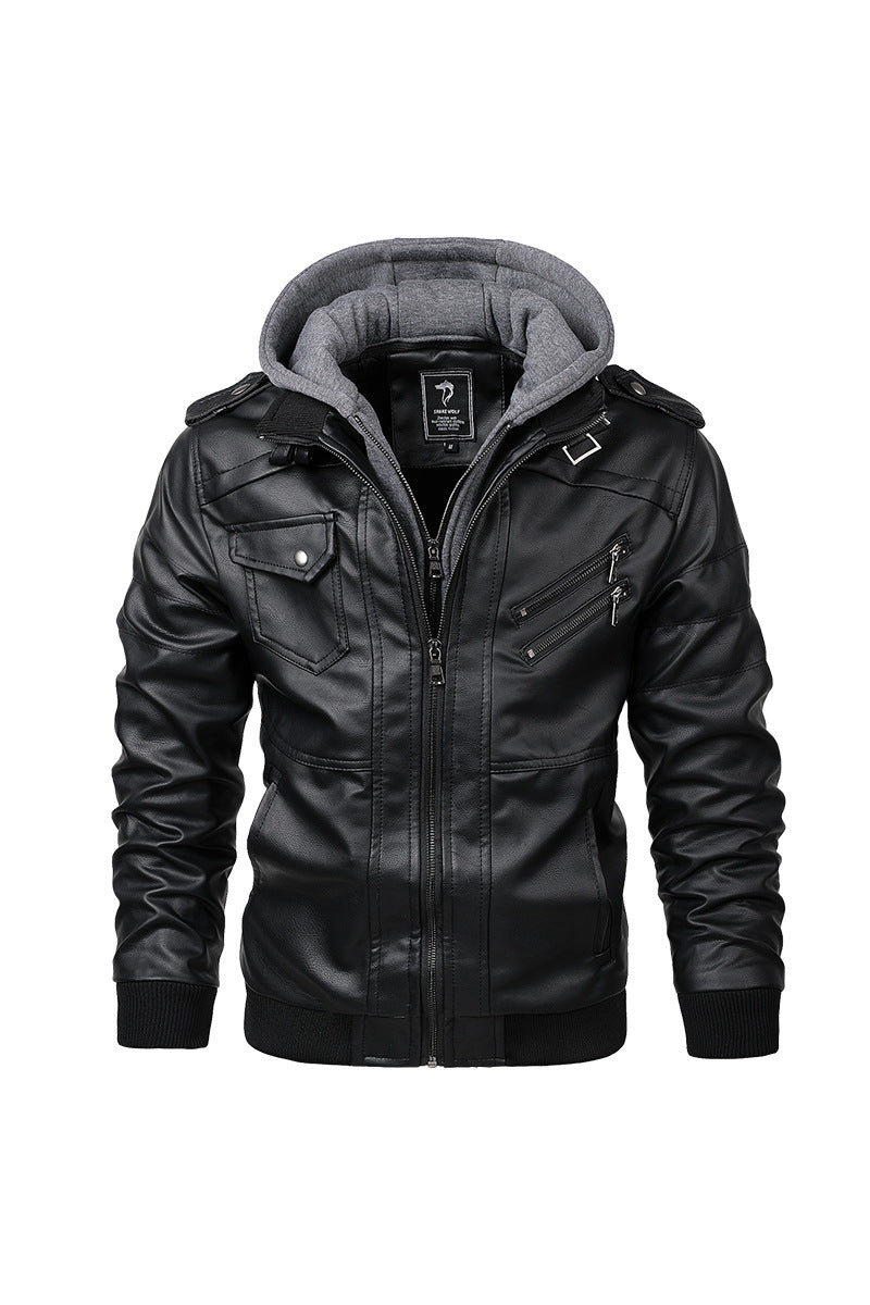 Herren Kunstleder-Bomberjacke mit Kapuze Fleece-Innenfutter und Multifachtaschen Drune
