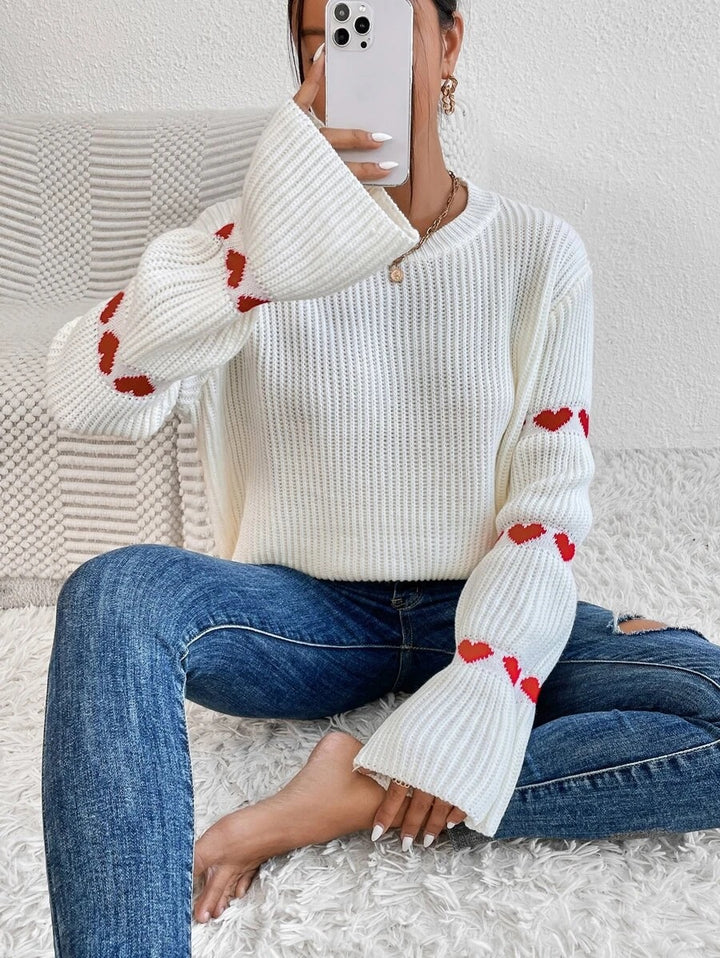 Damen lässiger Strickpullover mit Herzmuster und weitem Arm Drune