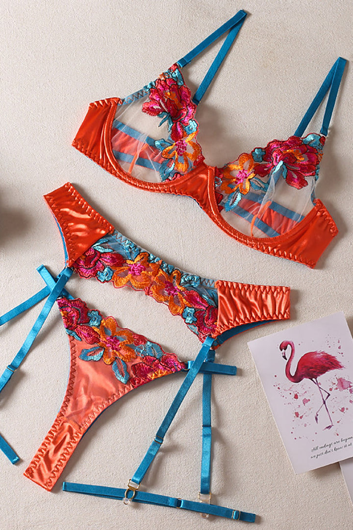 Drune | Satin Durchsichtige Blumen 3 Teile Lingerie Set