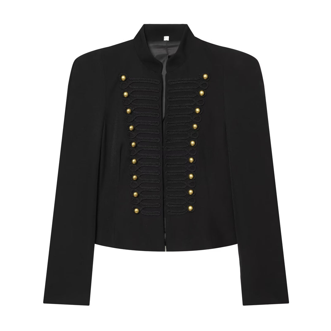 Damen Kurzer Feldblazer mit Stehkragen, Kordelverzierung und Messingknöpfen Drune