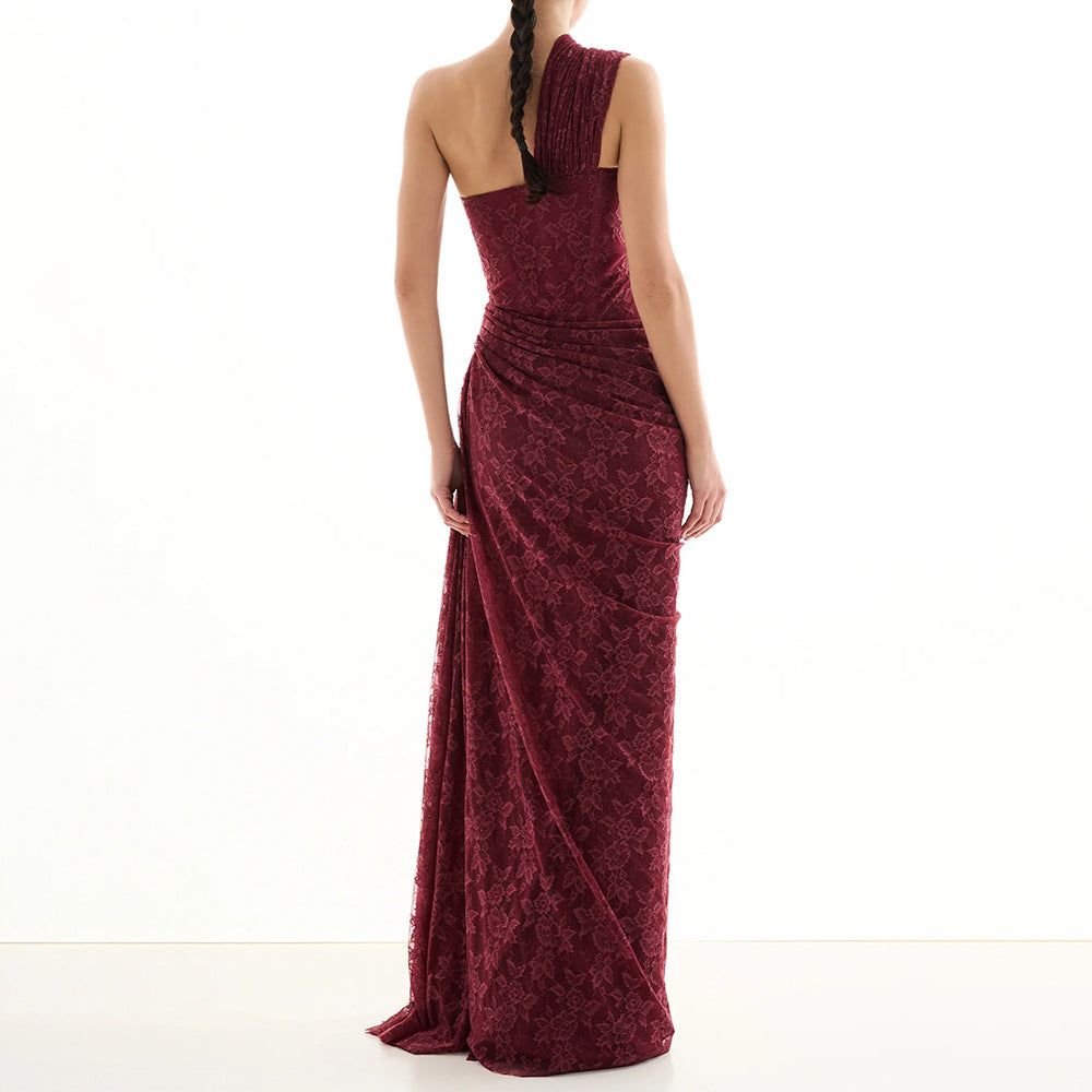 Damen elegantes Abendkleid mit asymmetrischem One-Shoulder-Design und floralem Spitzenbesatz Drune
