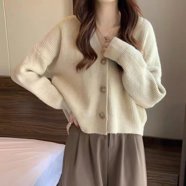 Damen lässige Strickjacke mit hochgeschlossenen Kragen und großen Knopfdetails Drune