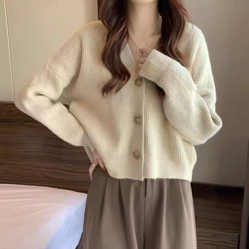Damen lässige Strickjacke mit hochgeschlossenen Kragen und großen Knopfdetails Drune