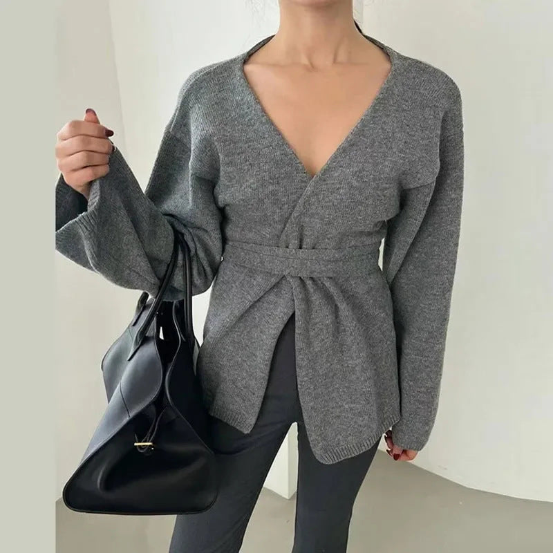 Damen Eleganter Strickmantel mit Wickeldesign Drune