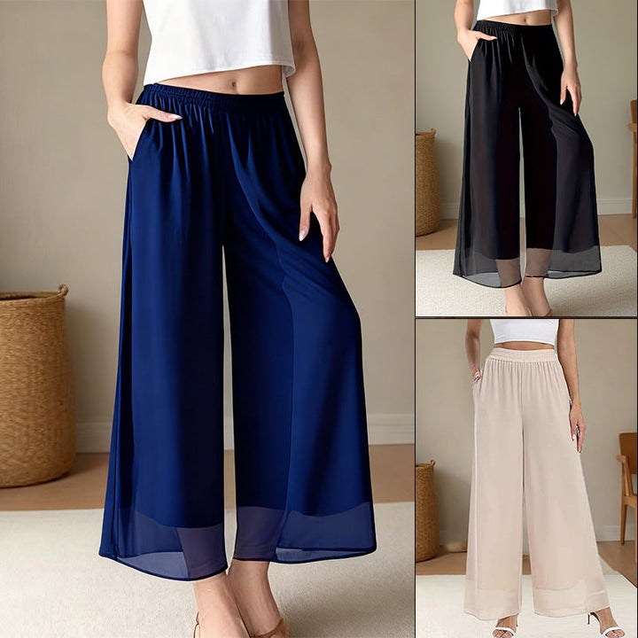Damen Weit geschnittene Chiffon-Hose mit elastischem Taillenbund und hohen Seitentaschen Drune