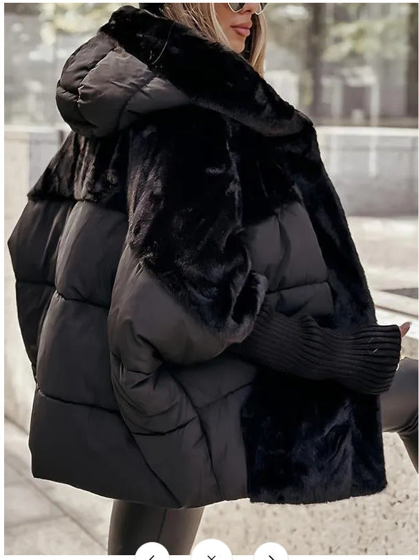 Damen nan oversized gesteppte Winterjacke mit Kunstfellpanelen, Kapuze und integrierten Rippenärmel-Details Drune