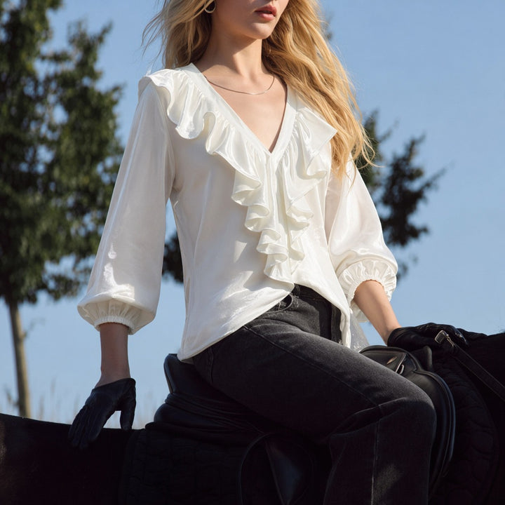 Damen schimmernde V-Neck Rüschenbluse mit Ballonärmeln und elastischen Bündchen Drune