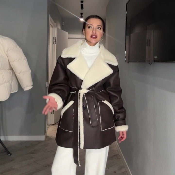 Damen Oversize-Lammfellimitat-Mantel mit kontrastierendem Schalkragen und Bindegürtel Drune