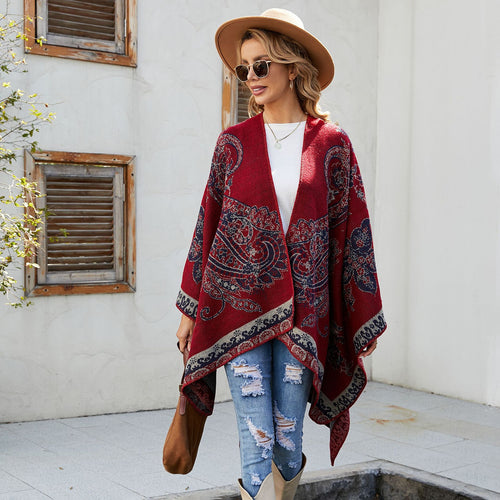 Damen Eleganter Jacquard-Poncho mit Paisley-Muster und offener Vorderseite Drune