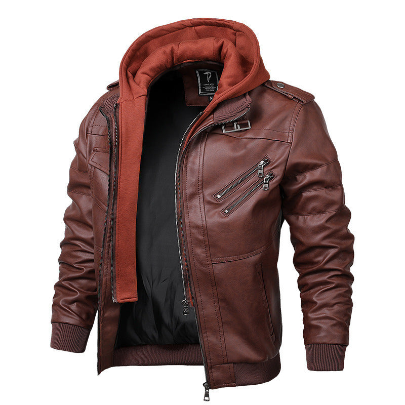 Herren Modische Kunstlederjacke mit Kapuze Drune