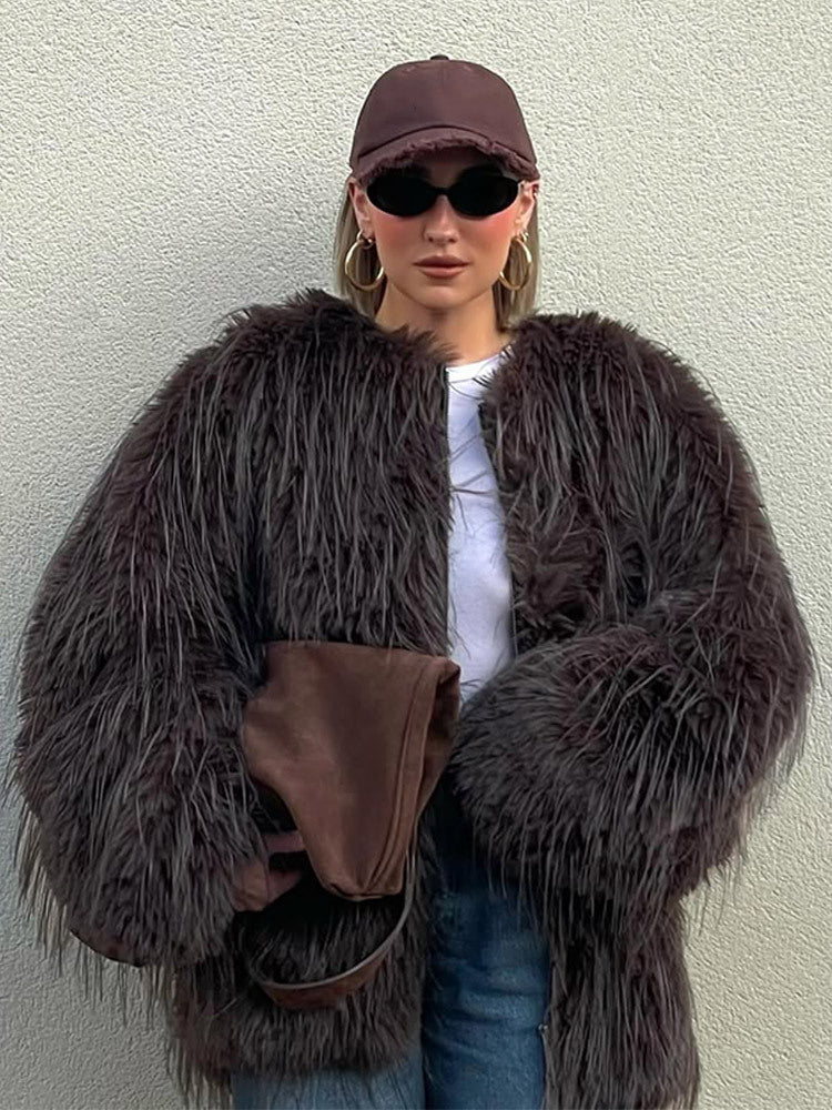 Damen Oversize Kunstpelz‑Mantel mit langfloriger Shag‑Optik und kastiger Silhouette Drune