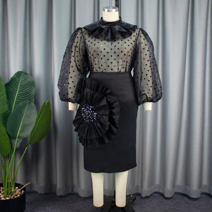Damen Elegantes Kleid mit transparenten Puffärmeln und Rüschenakzent Drune