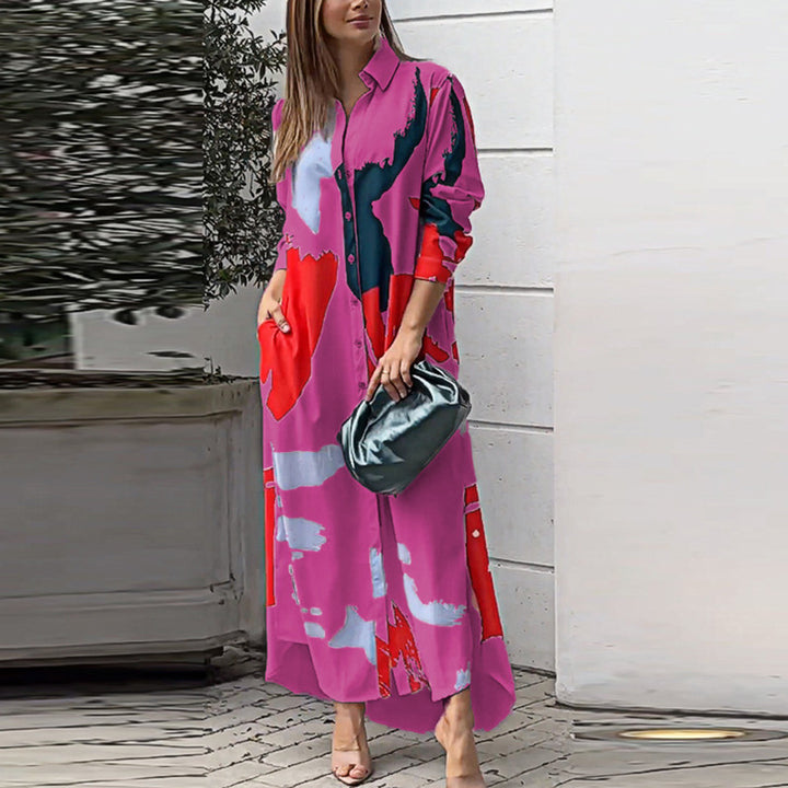 Damen Langes Hemdblusenkleid mit abstraktem Pinselprint und seitlichen Eingrifftaschen Drune