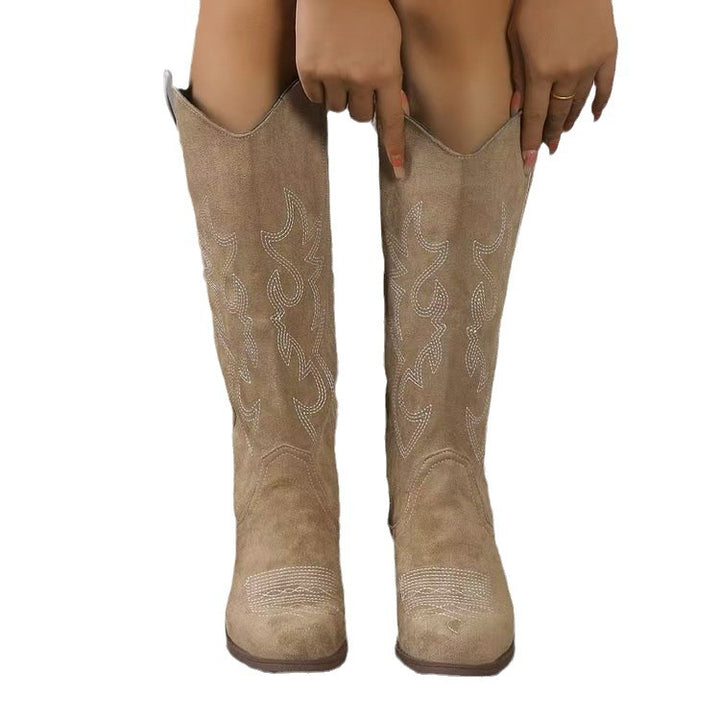 Damen nan Kniestiefel im Westernstil mit mittelhohem Blockabsatz seitlichem Reißverschluss und gesticktem Wildlederfinish Drune