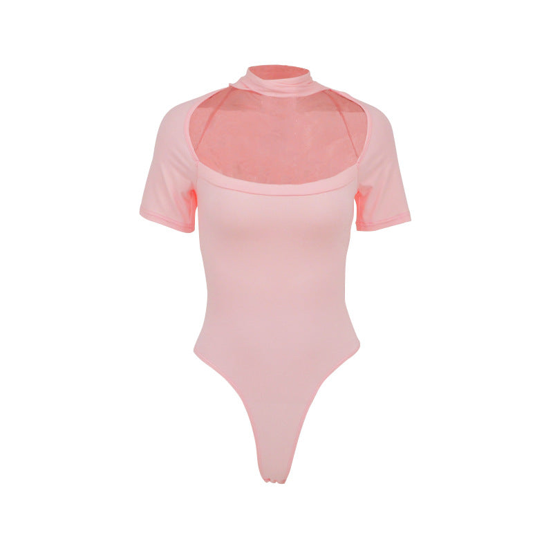 Damen Hochgeschlossenes Body-Oberteil mit transparentem Netz-Material und kurzen Ärmeln Drune