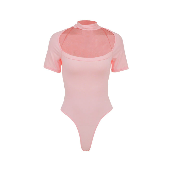 Damen Hochgeschlossenes Body-Oberteil mit transparentem Netz-Material und kurzen Ärmeln Drune
