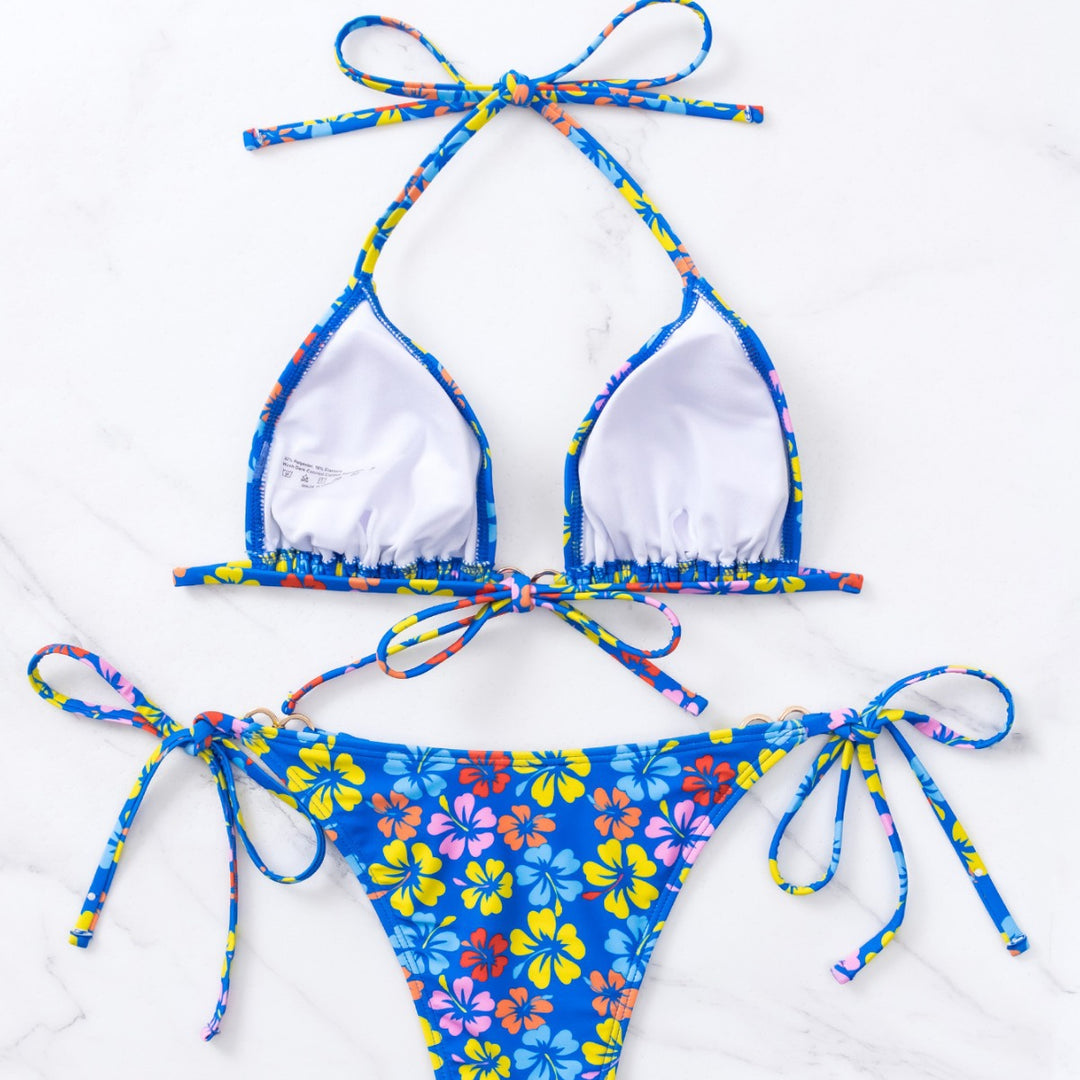 Damen Triangel-Bikini mit floralem Print und verstellbaren Schnüren Drune