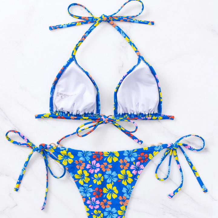 Damen Triangel-Bikini mit floralem Print und verstellbaren Schnüren Drune