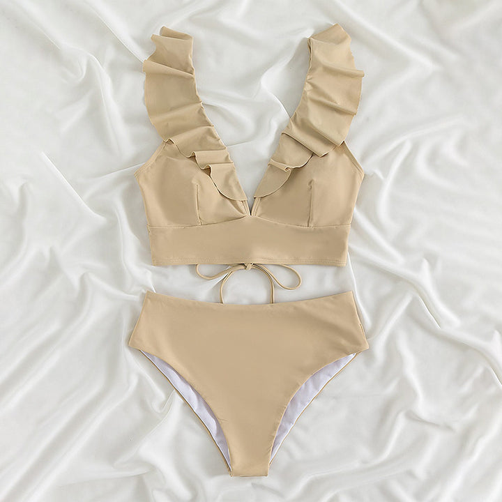 Damen Oberteil mit Rüschen und hohen Bikinihosen Drune