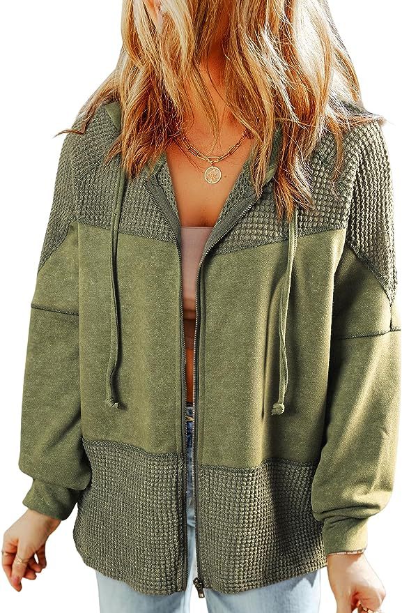 Damen Lässige Oversize-Kapuzenjacke mit Strukturstrick-Einsätzen und Reißverschluss Drune