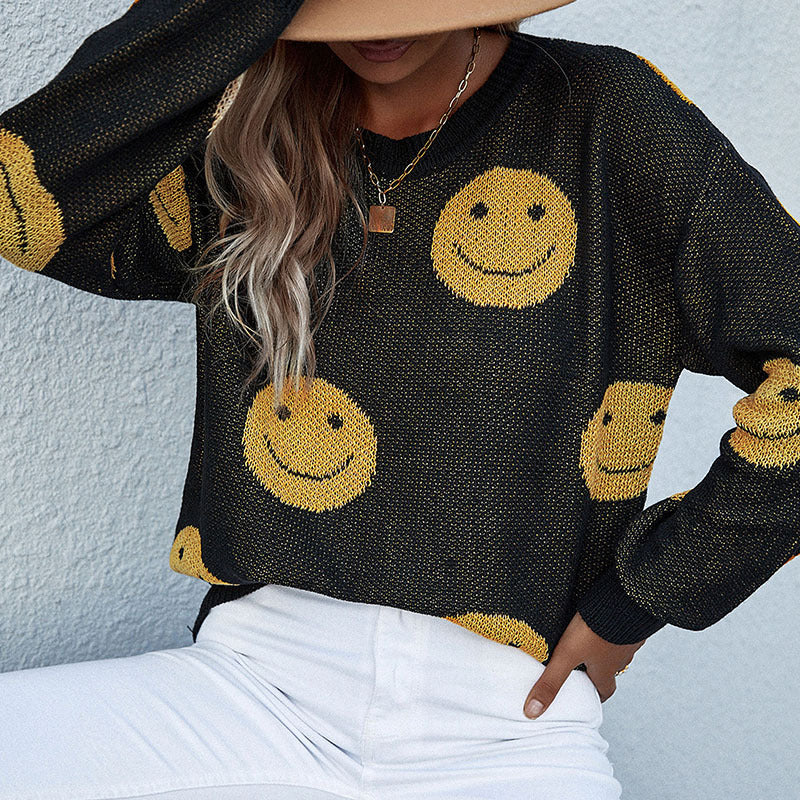 Damen lässiger Strickpullover mit Smiley‑Jacquard und Rundhalsausschnitt Drune