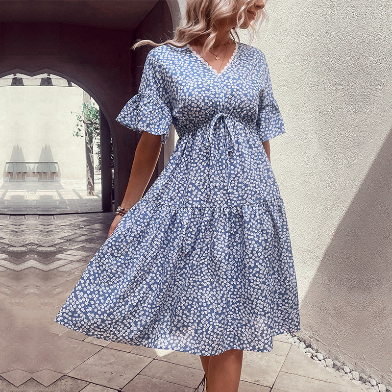 Damen lässiges Sommerkleid mit Taillenknoten und voluminösem Rock Drune