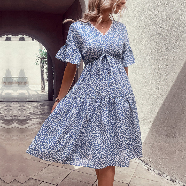 Damen lässiges Sommerkleid mit Taillenknoten und voluminösem Rock Drune