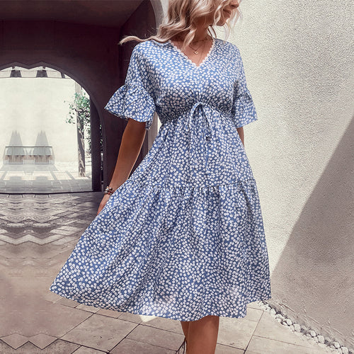 Damen lässiges Sommerkleid mit Taillenknoten und voluminösem Rock Drune