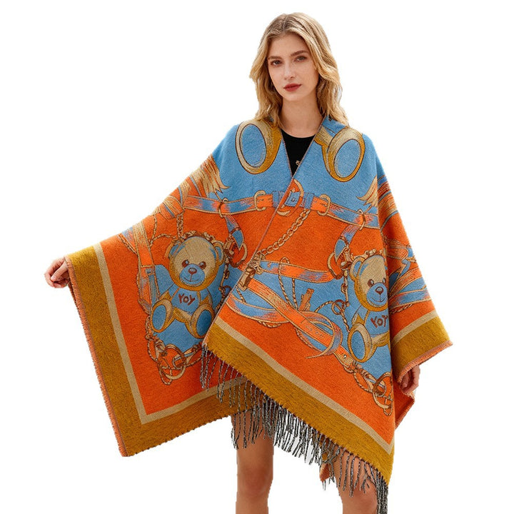 Damen Jacquard-Capeponcho mit Teddy‑Motiv, Oversize‑Silhouette und Fransensaum Drune