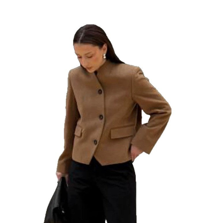 Damen Kurzblazer aus Wollmix mit Stehkragen, kastiger Silhouette & drei Knöpfen Drune