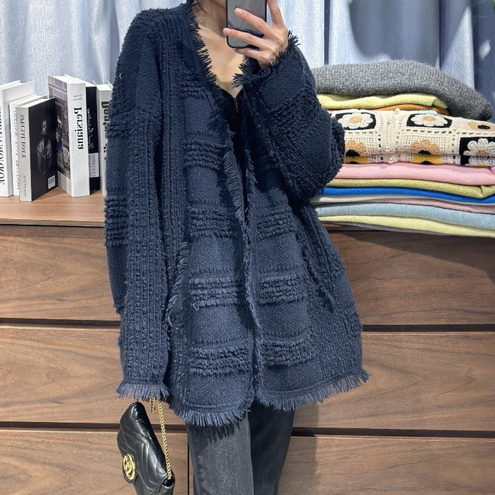 Damen Oversize Strickcardigan mit strukturierter Karomuster‑Optik, Fransen und Eingrifftaschen Drune