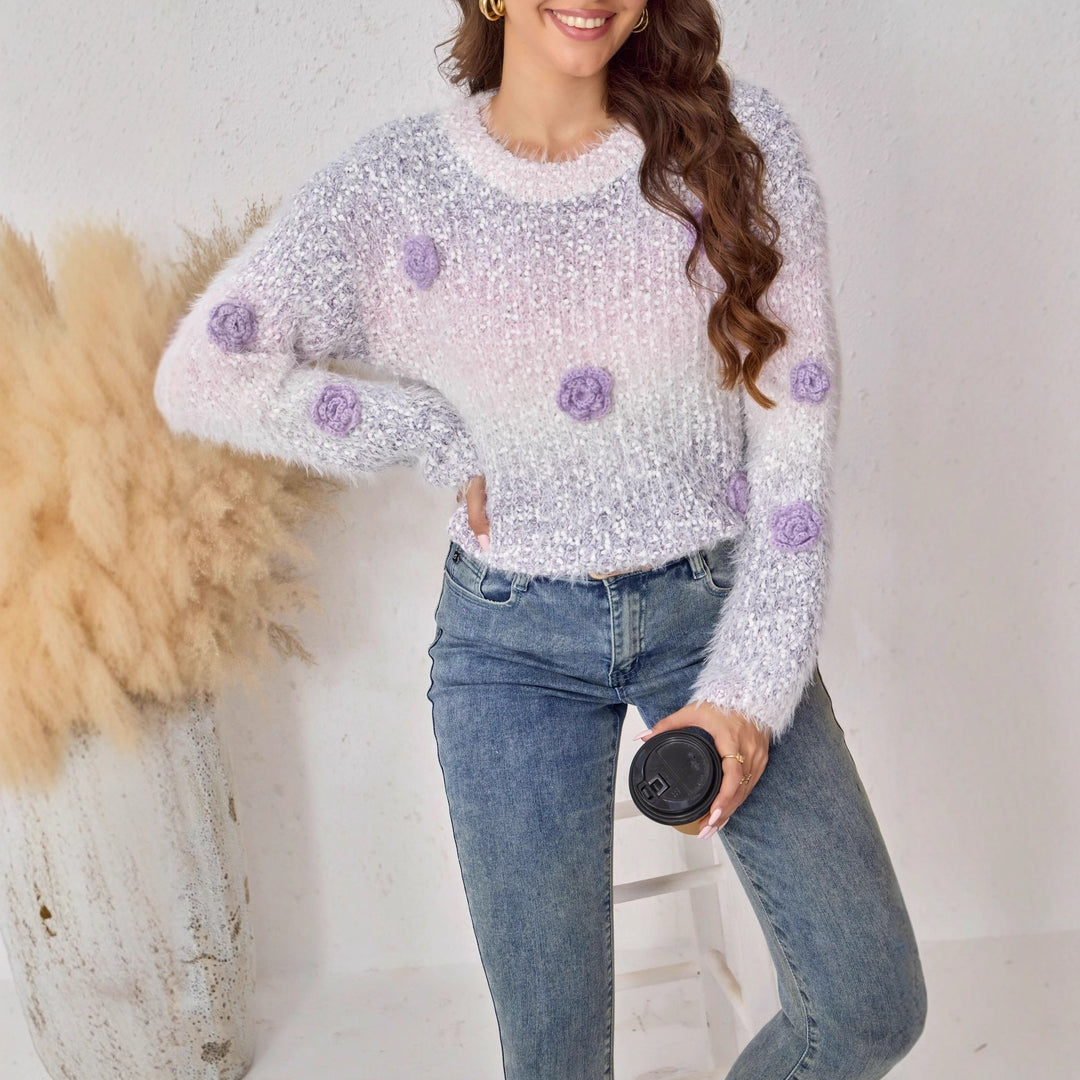 Damen Flausch-Pullover mit 3D-Blütenapplikationen Drune