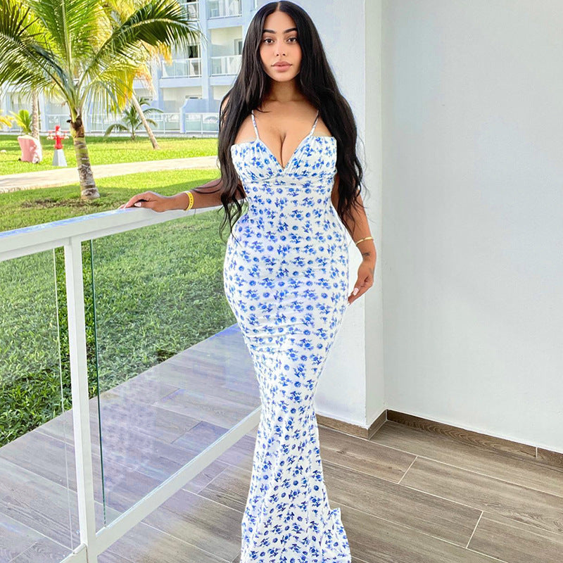 Damen Bodenlanges Kleid mit floralem Muster und verstellbaren Trägern Drune