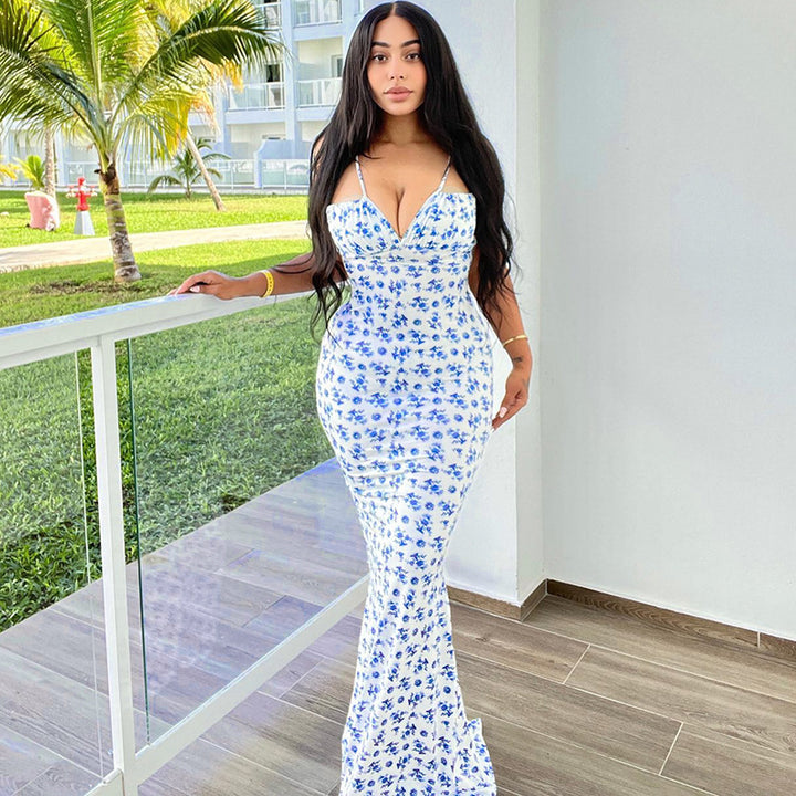 Damen Bodenlanges Kleid mit floralem Muster und verstellbaren Trägern Drune