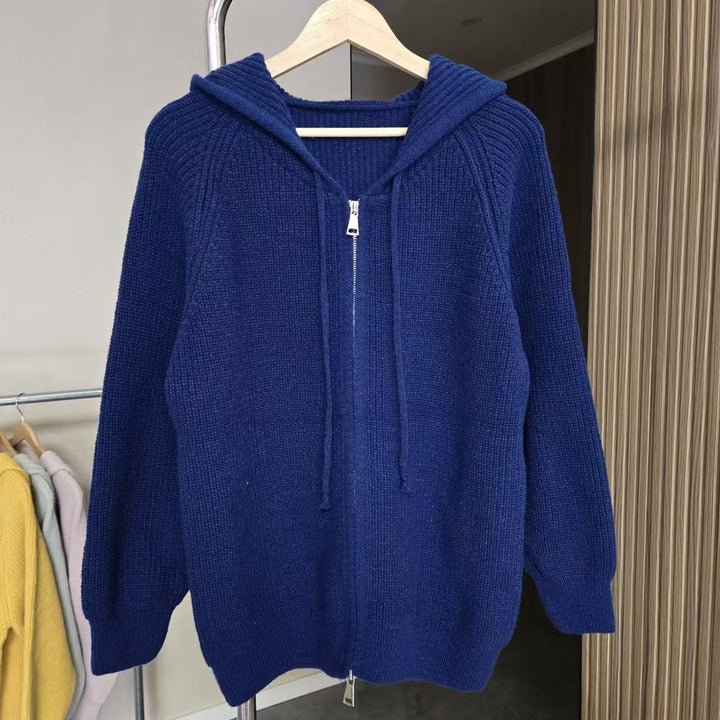 Damen gemütlicher Strick-Hoodie mit durchgehendem Reißverschluss und Kordelzug Drune