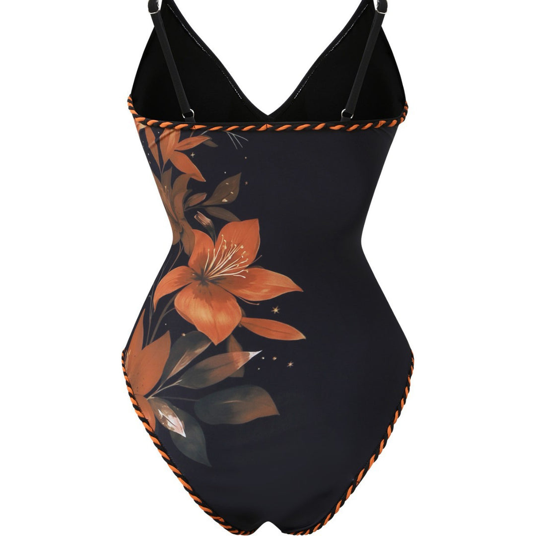 Damen Mode-Badeanzug mit floralem Design und transparentem Wickelrock Drune