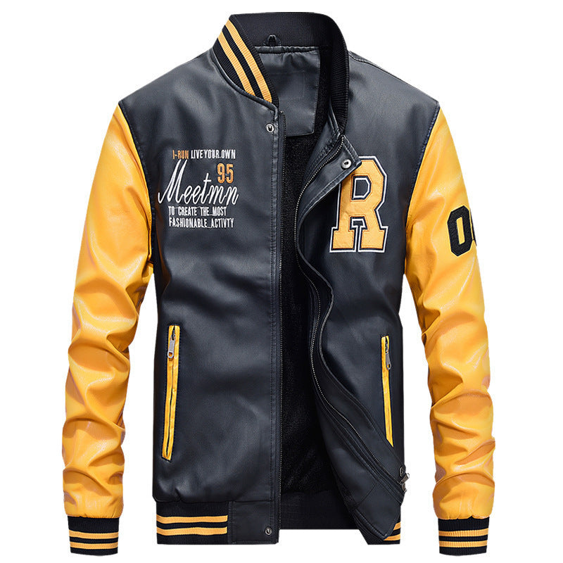 Herren Varsity-Bomberjacke im College‑Stil aus Kunstleder mit kontrastierenden Ärmeln und Stickpatches Drune