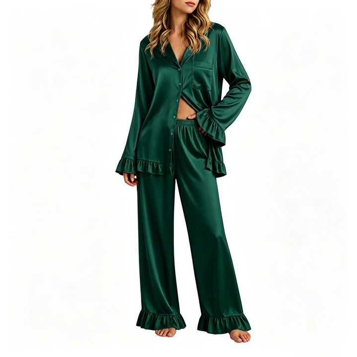 Damen Satin-Pyjama-Set mit Knopfhemd, weiten Palazzo-Hosen und Rüschensaum Drune