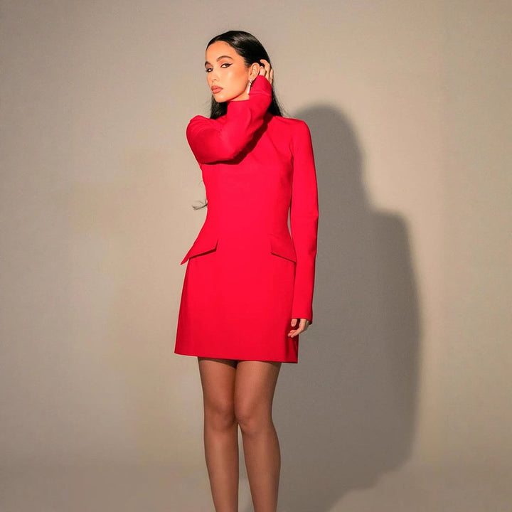 Damen Tailliertes Mini-Kleid mit Stehkragen, langen Ärmeln & Schößchen Drune