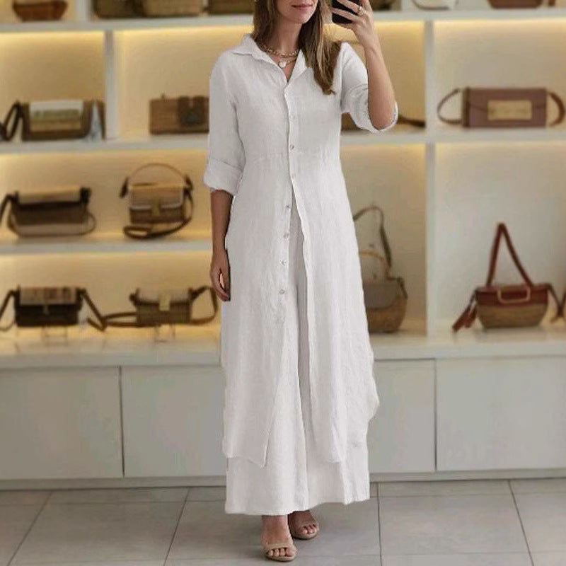 Damen nan langes Leinen-Hemdblusenkleid mit durchgehender Knopfleiste, Hemdkragen und dezentem A-Linien-Schnitt Drune