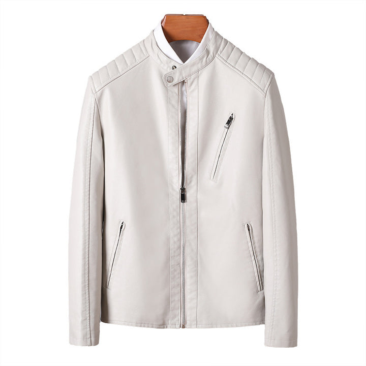 Herren Modische Lederjacke mit hohem Kragen Drune