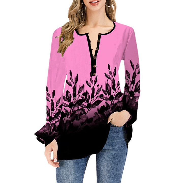Damen Lockeres Langarm-Tunika-Shirt mit Henley-Knopfleiste und floralem Ombre-Print Drune