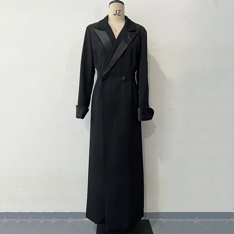 Damen Eleganter Abendmantel mit doppelter Knopfleiste und Satinakzenten Drune