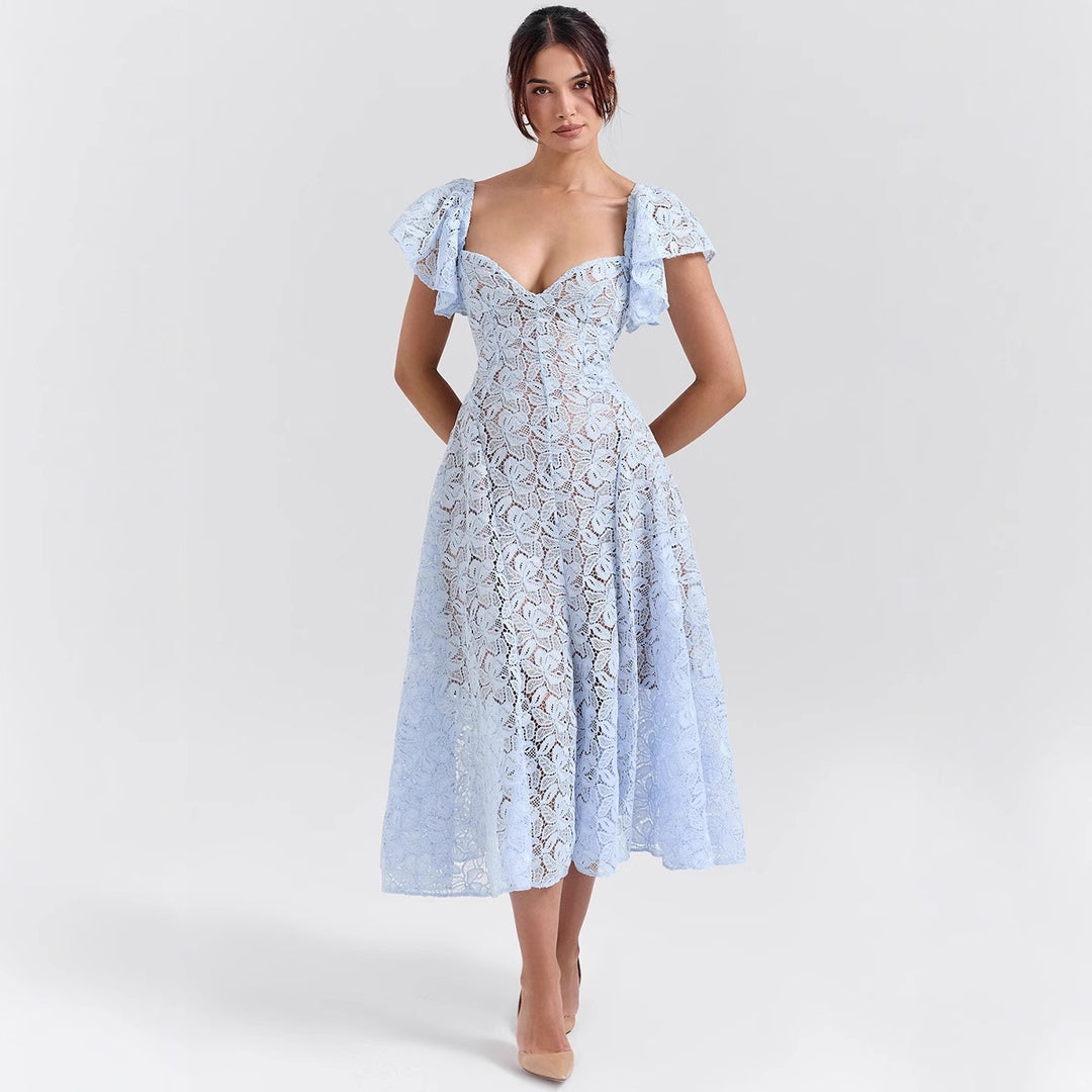 Damen Spitzenkleid mit voluminösen Rüschärmeln und ausgestelltem Rock Drune