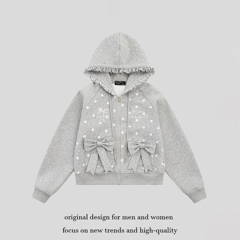 Damen Kapuzen‑Sweatjacke mit Rüschenkapuze, Polka‑Dot‑Muster und Zierschleifen Drune