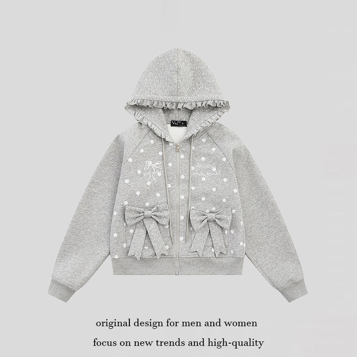 Damen Kapuzen‑Sweatjacke mit Rüschenkapuze, Polka‑Dot‑Muster und Zierschleifen Drune