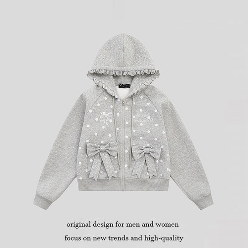 Damen Kapuzen‑Sweatjacke mit Rüschenkapuze, Polka‑Dot‑Muster und Zierschleifen Drune