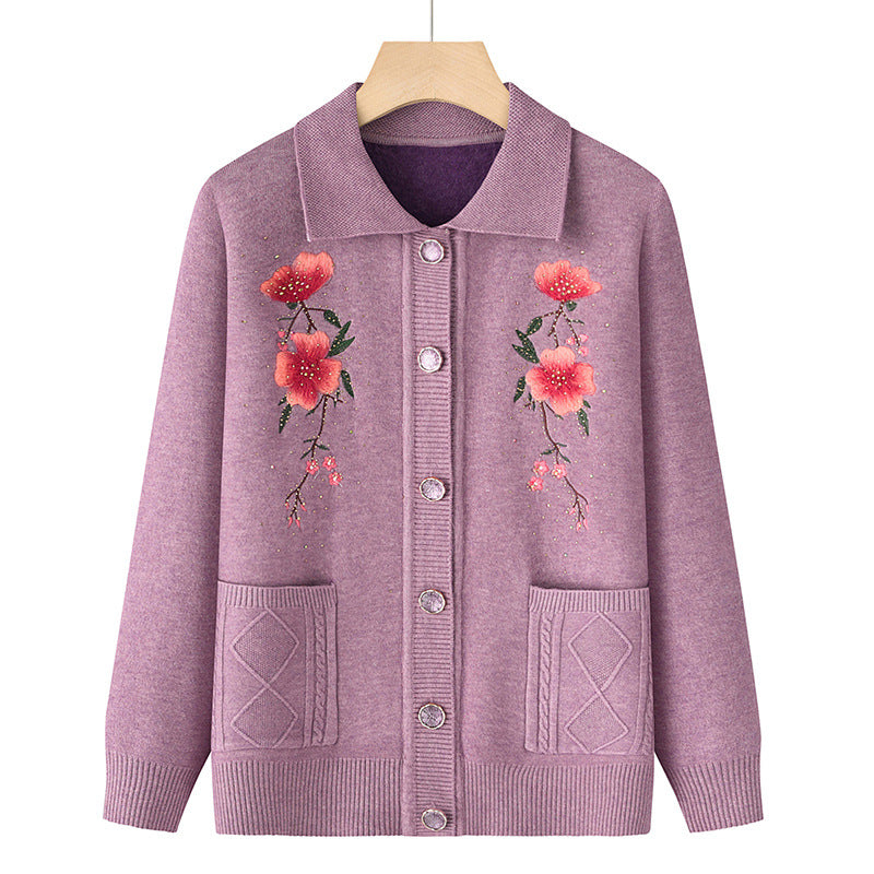 Damen nan bestickte Strickjacke mit Hemdkragen, Eingrifftaschen und floraler Stickerei Drune